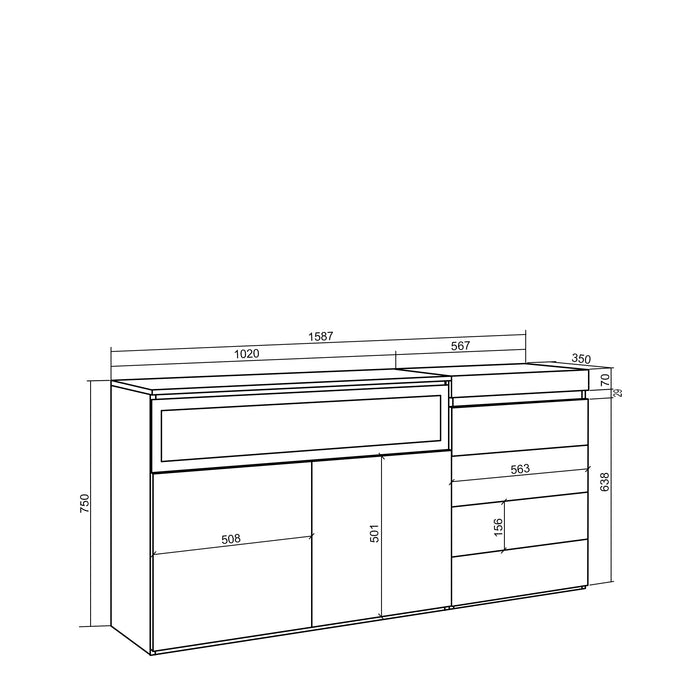 Credenza, 135x57x75 cm, Camera da letto, stanza, Camino elettrico, Cassettiera, Bianco , RF3402