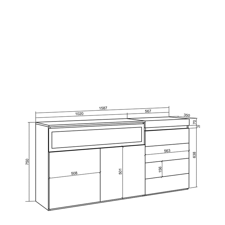 Credenza, 135x57x75 cm, Camera da letto, stanza, Camino elettrico, Cassettiera, Bianco , RF3402