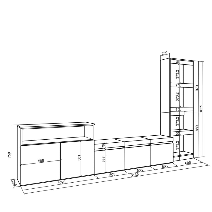 Mobile Soggiorno TV, 310x186x35cm, Per TV fino a 65", Bianco e nero RF3173