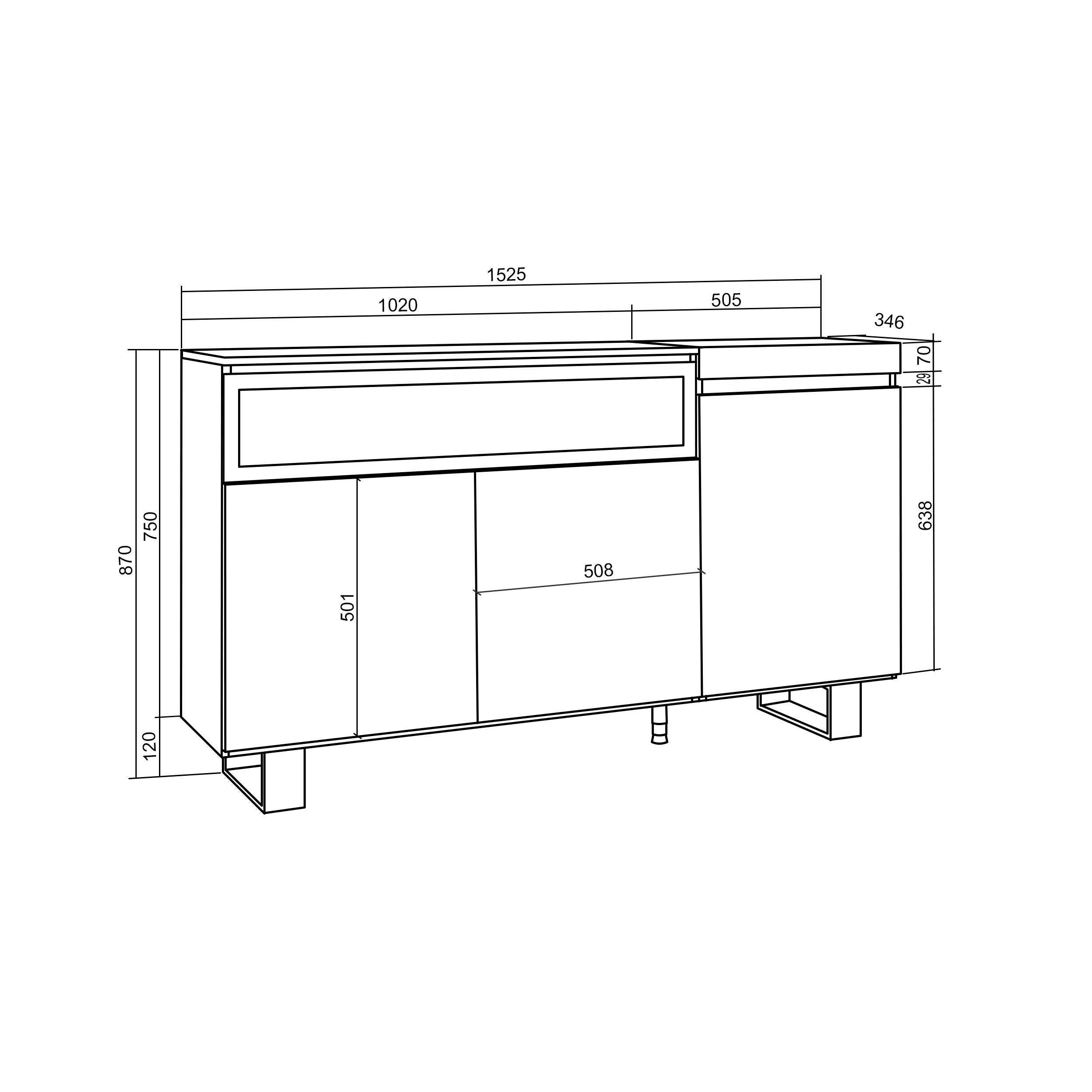 Credenza, Mobile soggiorno 150x87x35cm 3 ante con Camino elettrico a sinistra, Stile moderno, Bianco e nero