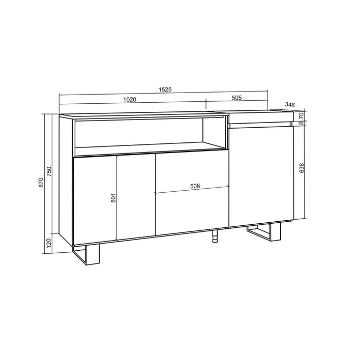 Credenza, Mobile, 150x35x87cm, 3 Porte, Design industriale, Bianco e nero RF2501