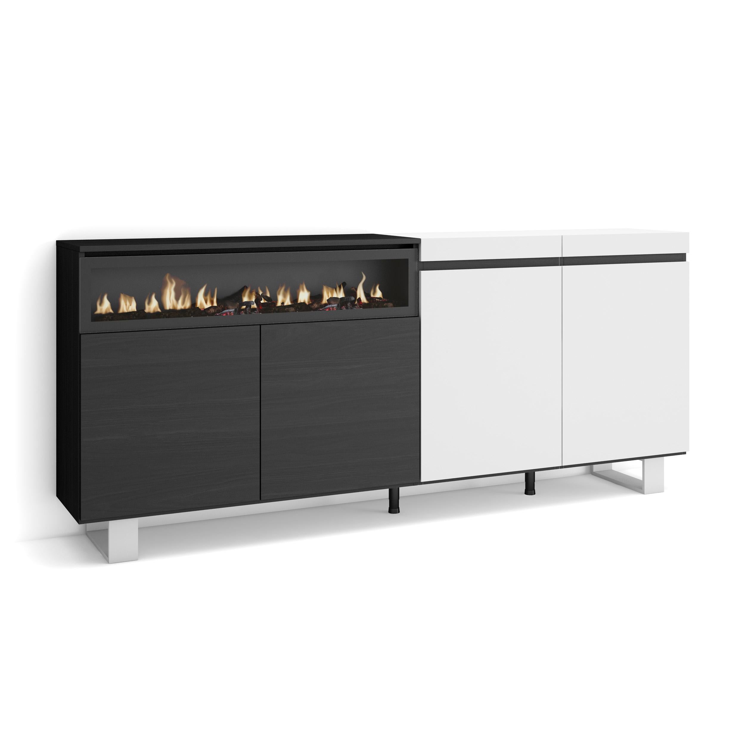 Credenza Mobile Cucina 200x87x35cmcon 4 Porte Camino elettrico, Design industriale colore Bianco e nero