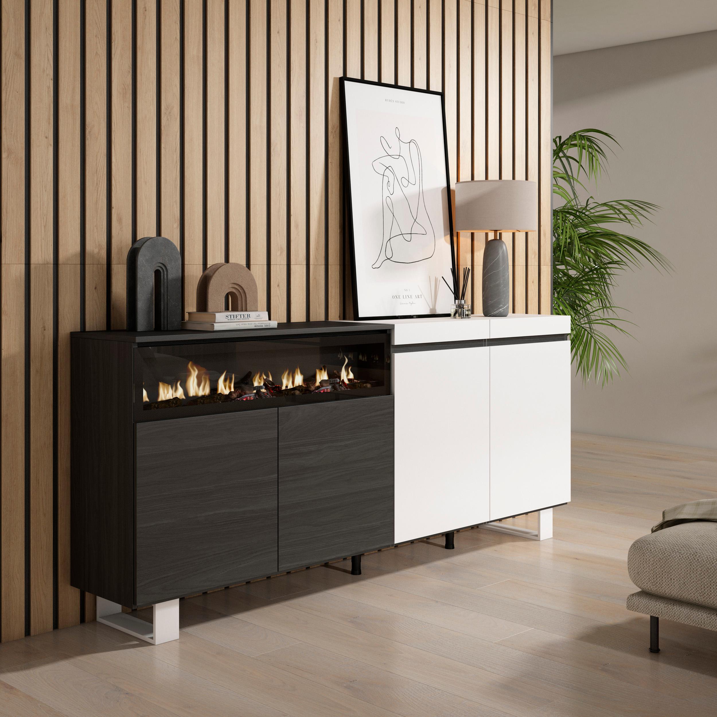 Credenza Mobile Cucina 200x87x35cmcon 4 Porte Camino elettrico, Design industriale colore Bianco e nero