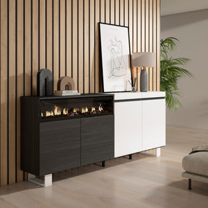 Credenza Mobile Cucina 200x87x35cmcon 4 Porte Camino elettrico, Design industriale colore Bianco e nero