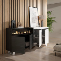 Credenza Mobile Cucina 200x87x35cmcon 4 Porte Camino elettrico, Design industriale colore Bianco e nero