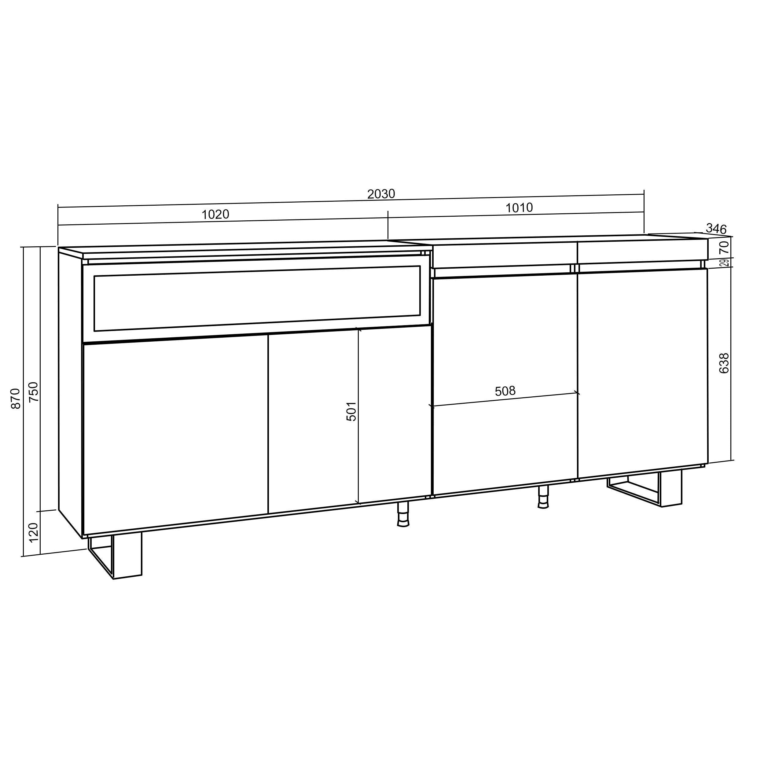 Credenza Mobile Cucina 200x87x35cmcon 4 Porte Camino elettrico, Design industriale colore Bianco e nero