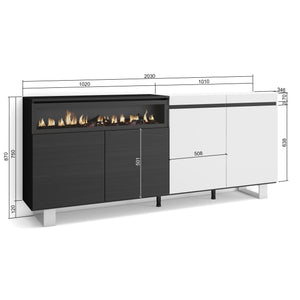 Credenza Mobile Cucina 200x87x35cmcon 4 Porte Camino elettrico, Design industriale colore Bianco e nero