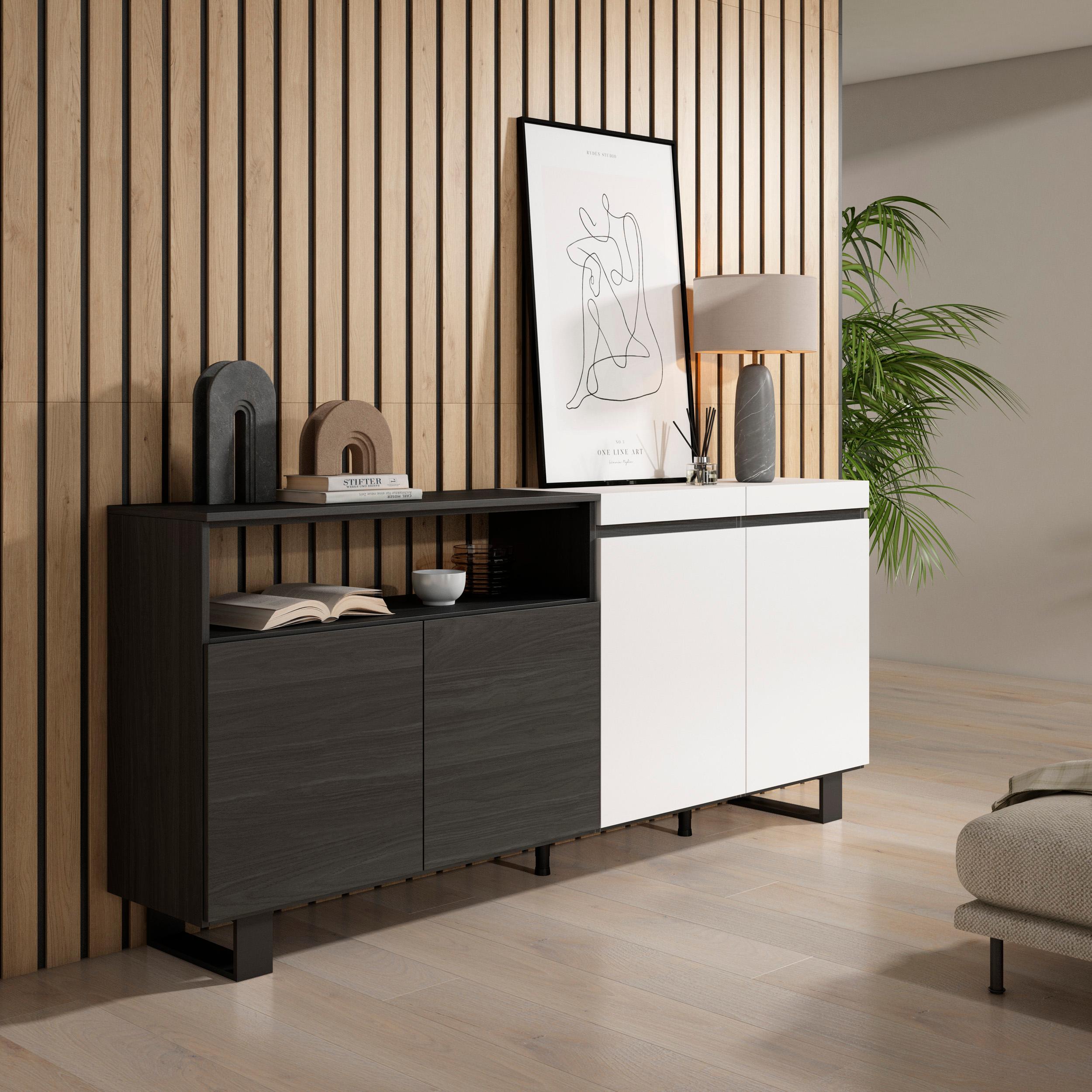 Credenza Mobile Cucina 200x87x35cmcon 4 Porte Design industriale, Stile moderno Bianco e nero