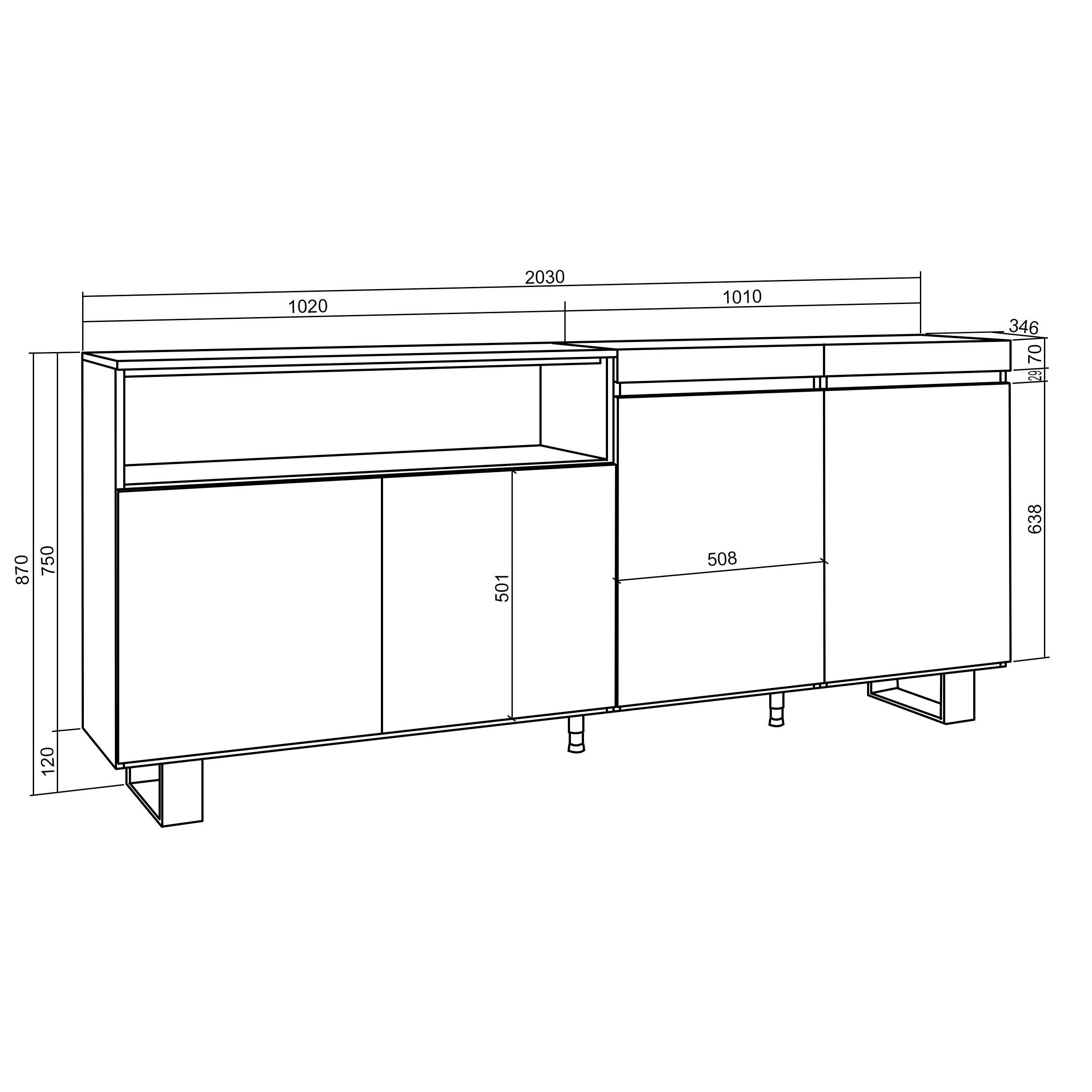 Credenza Mobile Cucina 200x87x35cmcon 4 Porte Design industriale, Stile moderno Bianco e nero