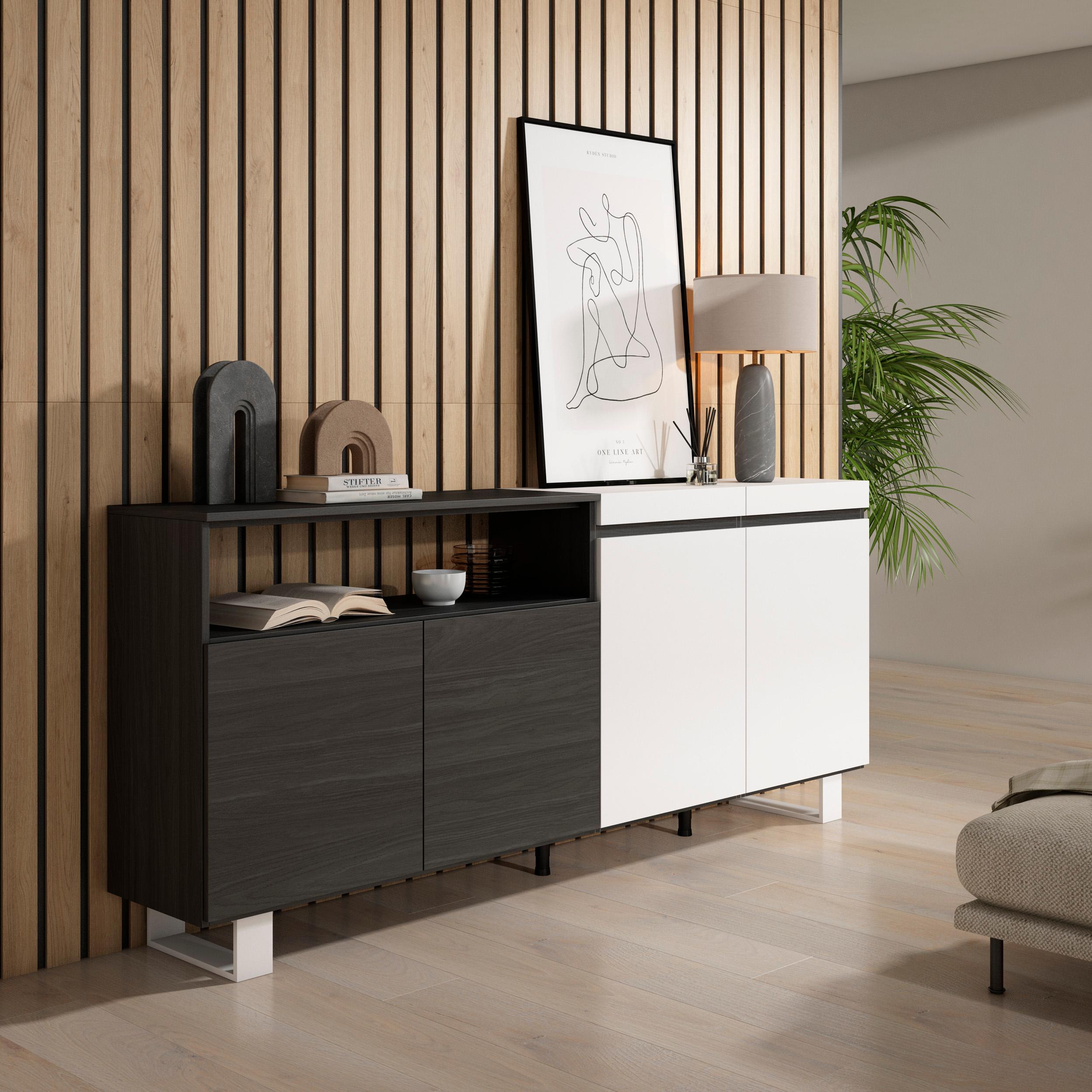 Credenza Mobile Cucina 200x87x35cmcon 4 Porte Design industriale, Stile moderno, Bianco e nero