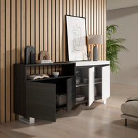 Credenza Mobile Cucina 200x87x35cmcon 4 Porte Design industriale, Stile moderno, Bianco e nero