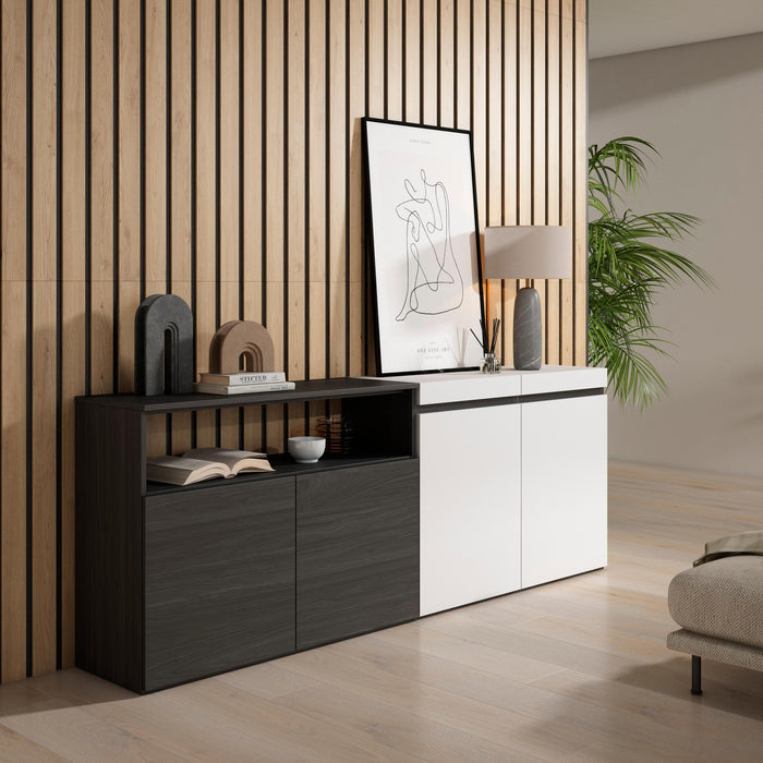 Credenza Mobile Cucina 200x75x35cmcon 4 Porte grande stoccaggio, Stile moderno, Bianco e nero