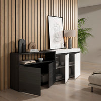 Credenza Mobile Cucina 200x75x35cmcon 4 Porte grande stoccaggio, Stile moderno, Bianco e nero