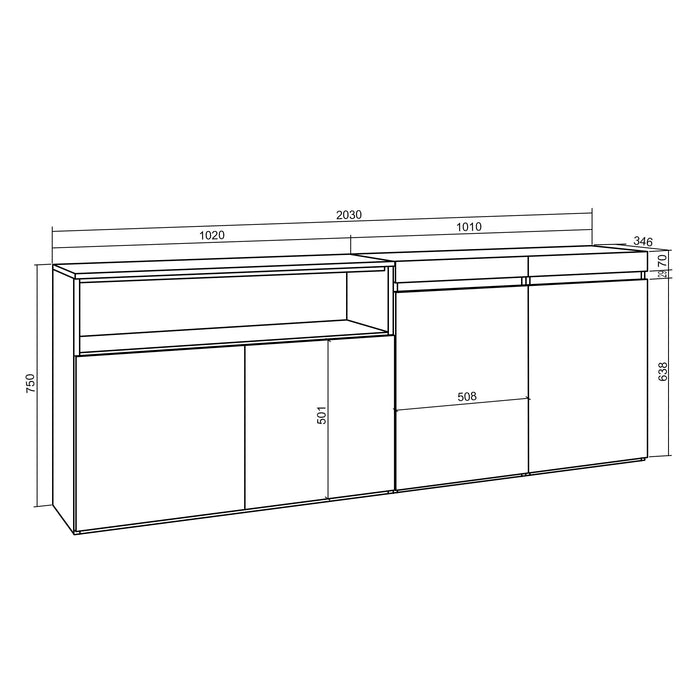 Credenza Mobile Cucina 200x75x35cmcon 4 Porte grande stoccaggio, Stile moderno, Bianco e nero