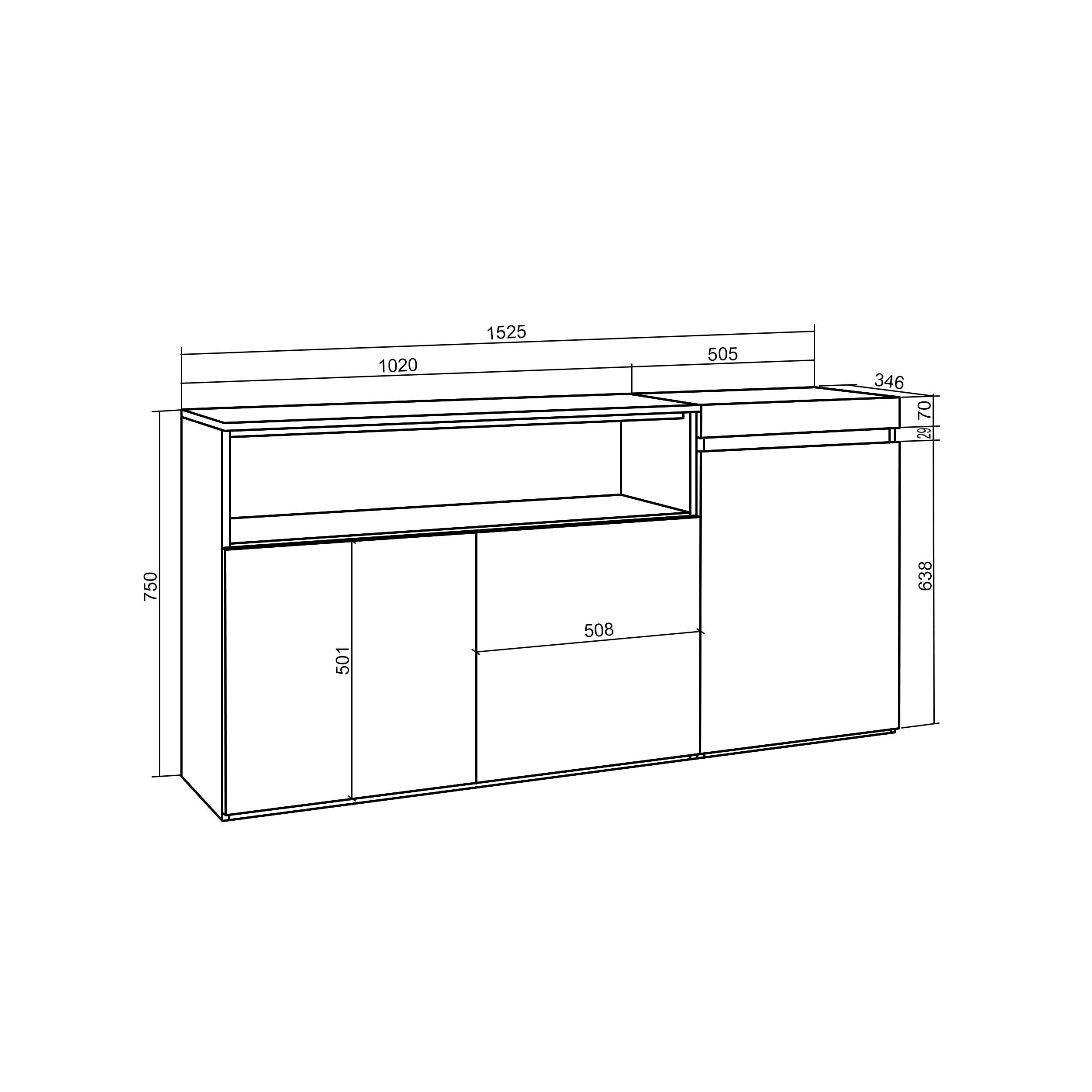 Credenza, Mobile soggiorno 150x75x35cm, 3 Porte, grande stoccaggio, Stile moderno colore Bianco e nero