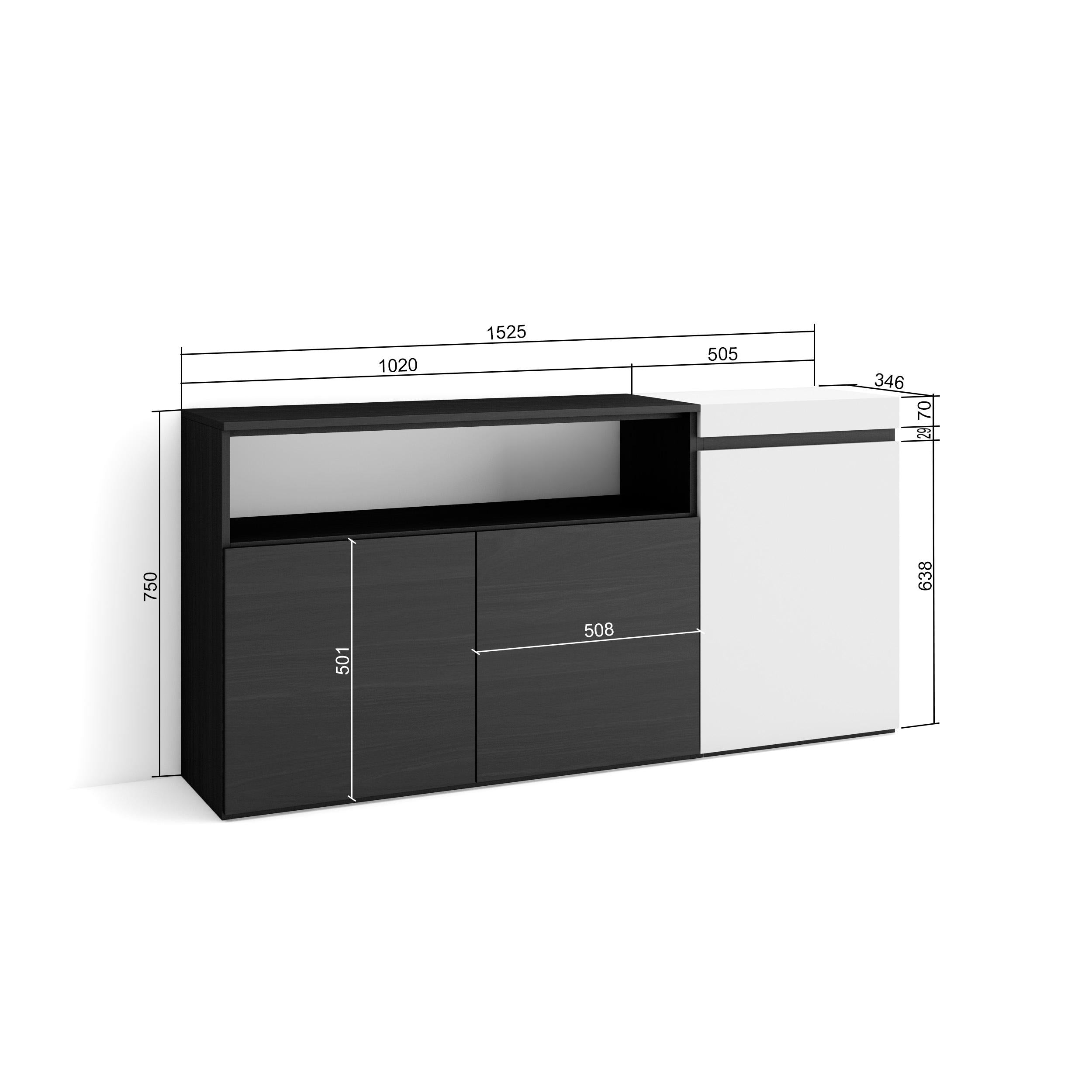 Credenza, Mobile soggiorno 150x75x35cm, 3 Porte, grande stoccaggio, Stile moderno colore Bianco e nero