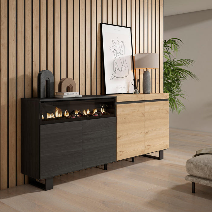 Credenza Mobile Cucina 200x87x35cmcon 4 Porte Camino elettrico, Design industriale, Stile moderno, Rovere e nero