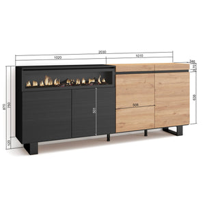 Credenza Mobile Cucina 200x87x35cmcon 4 Porte Camino elettrico, Design industriale, Stile moderno, Rovere e nero