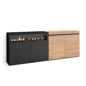 Credenza Mobile Cucina 200x75x35cmcon con 4 Porte Camino elettrico, Stile moderno, Rovere e nero