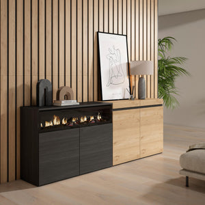 Credenza Mobile Cucina 200x75x35cmcon con 4 Porte Camino elettrico, Stile moderno, Rovere e nero