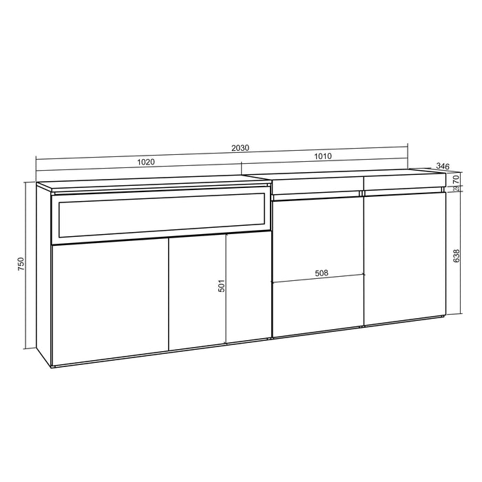 Credenza Mobile Cucina 200x75x35cmcon con 4 Porte Camino elettrico, Stile moderno, Rovere e nero