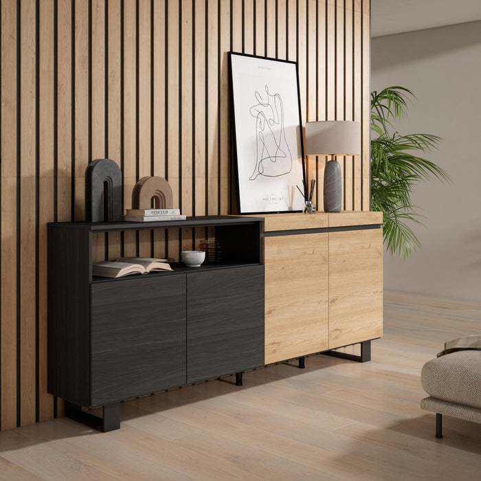 Credenza Mobile Cucina 200x87x35cm con 4 Porte Stile moderno design industriale colore Rovere e nero