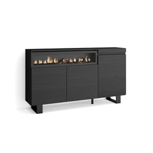 Credenza, Mobile soggiorno 150x87x35cm, 3 Porte, Camino elettrico, Design industriale, Stile moderno colore Nero