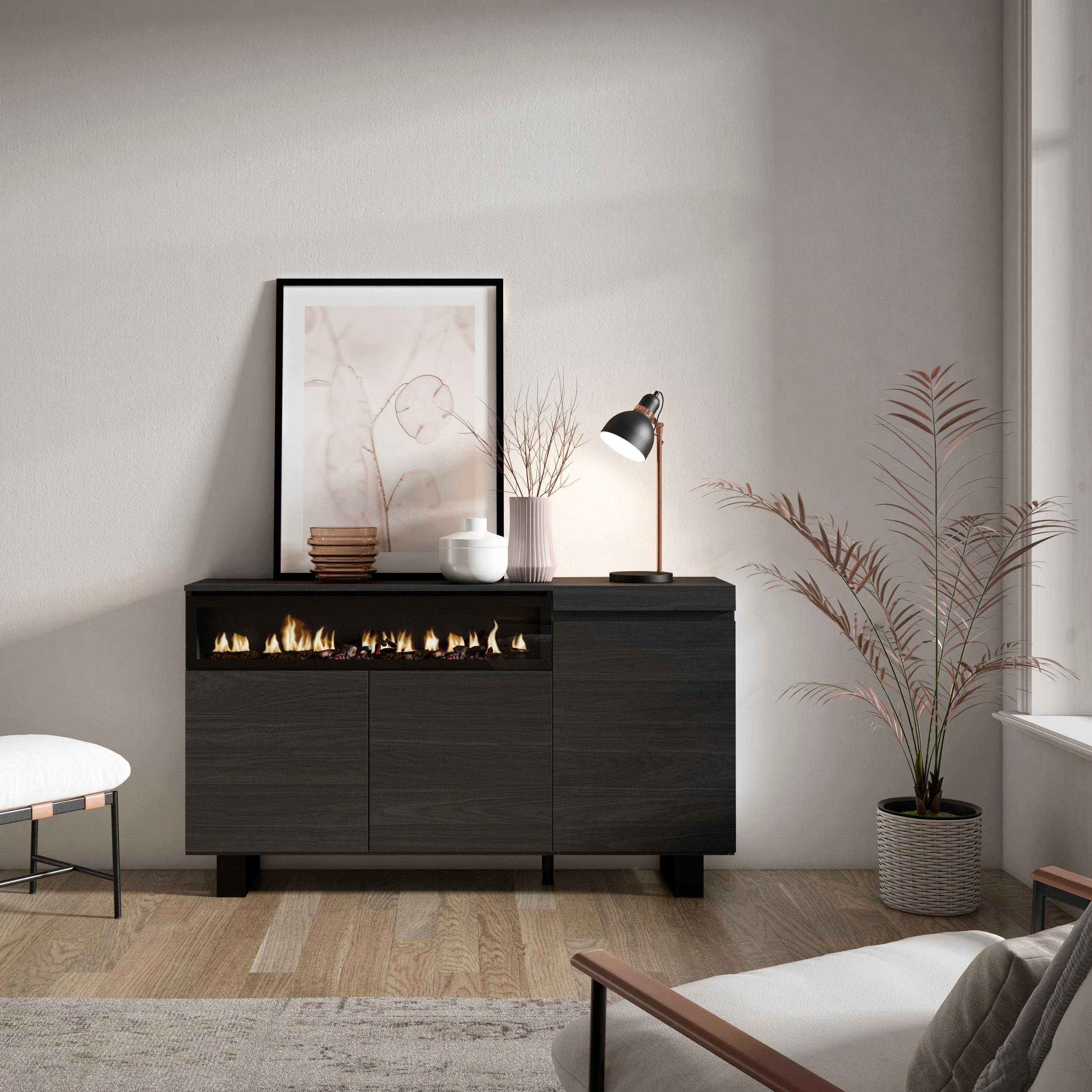 Credenza, Mobile soggiorno 150x87x35cm, 3 Porte, Camino elettrico, Design industriale, Stile moderno colore Nero