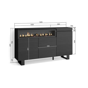 Credenza, Mobile soggiorno 150x87x35cm, 3 Porte, Camino elettrico, Design industriale, Stile moderno colore Nero