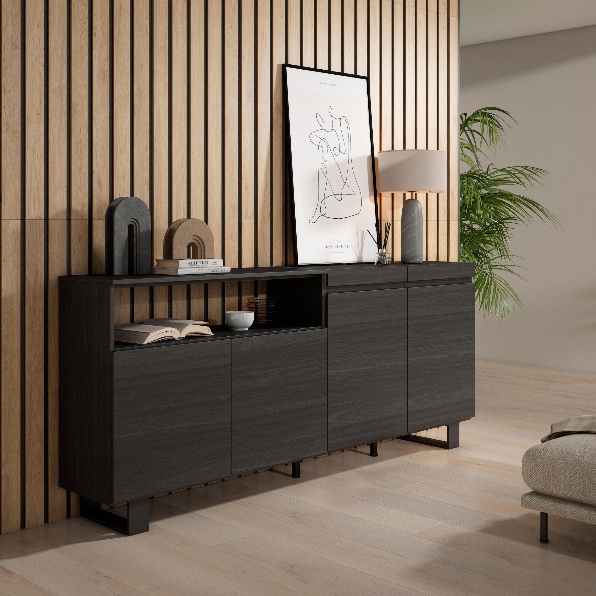 Credenza, Mobile, 200x35x87cm, 4 Porte, Design industriale, Nero RF2384