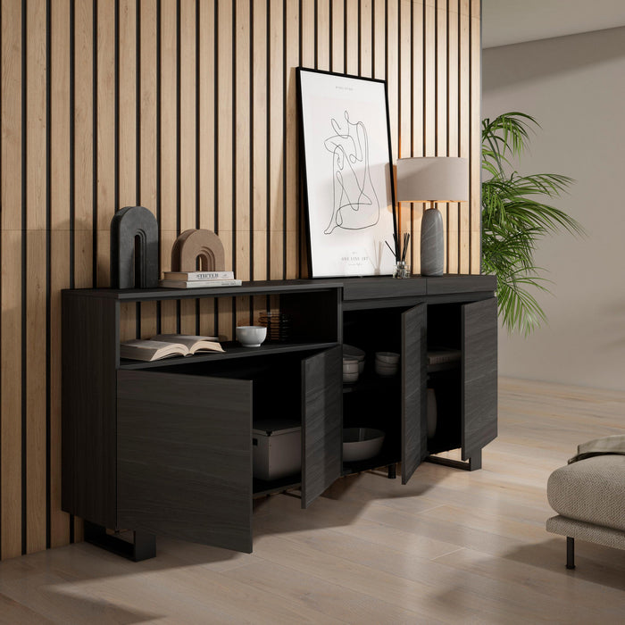 Credenza, Mobile, 200x35x87cm, 4 Porte, Design industriale, Nero RF2384