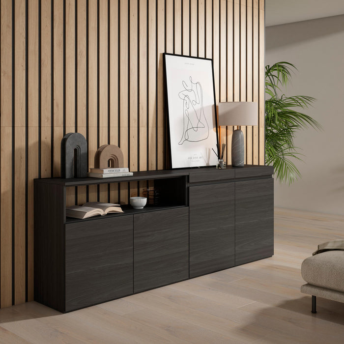 Credenza, Mobile Cucina 200x75x35cmcon 4 Porte grande stoccaggio, Stile moderno colore Nero