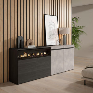 Credenza Mobile Cucina 200x75x35cmcon con 4 Porte Camino elettrico, Stile moderno colore Cemento