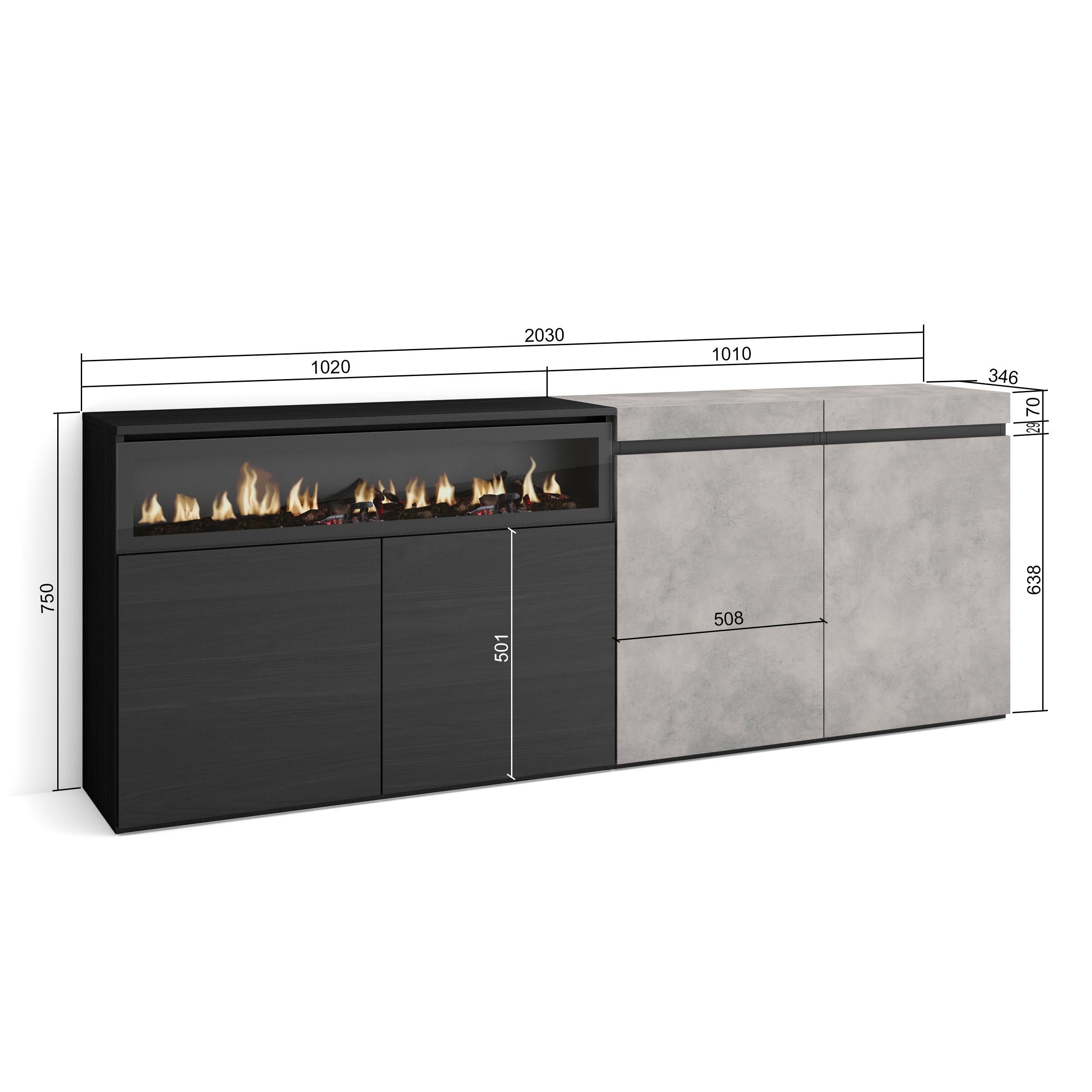 Credenza Mobile Cucina 200x75x35cmcon con 4 Porte Camino elettrico, Stile moderno colore Cemento