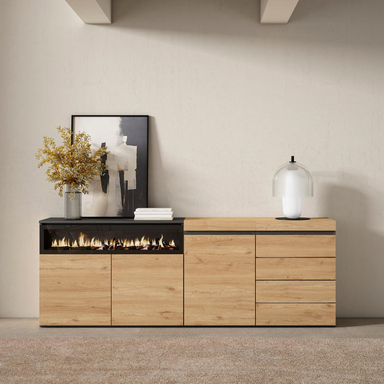 Credenza, 207x35x75 cm, Camera da letto, stanza, Camino elettrico, Cassettiera, Rovere , RF3412