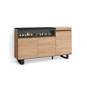 Credenza, Mobile soggiorno 150x87x35cm, 3 Porte, Camino elettrico, Design industriale, Stile moderno, Rovere e nero