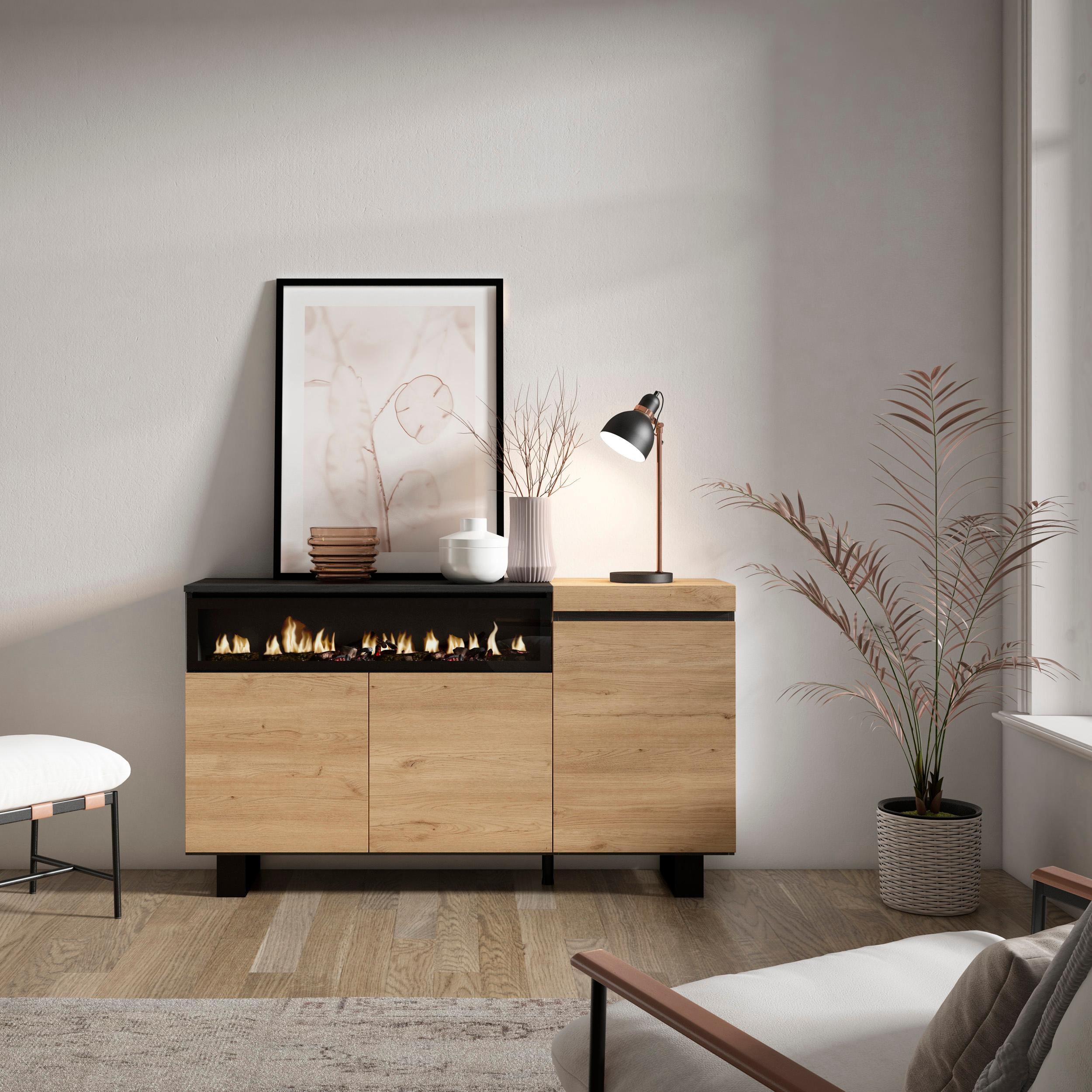 Credenza, Mobile soggiorno 150x87x35cm, 3 Porte, Camino elettrico, Design industriale, Stile moderno, Rovere e nero