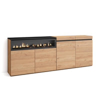 Credenza Mobile Cucina 200x75x35cmcon 4 Porte con Camino elettrico, Stile moderno, Rovere e nero