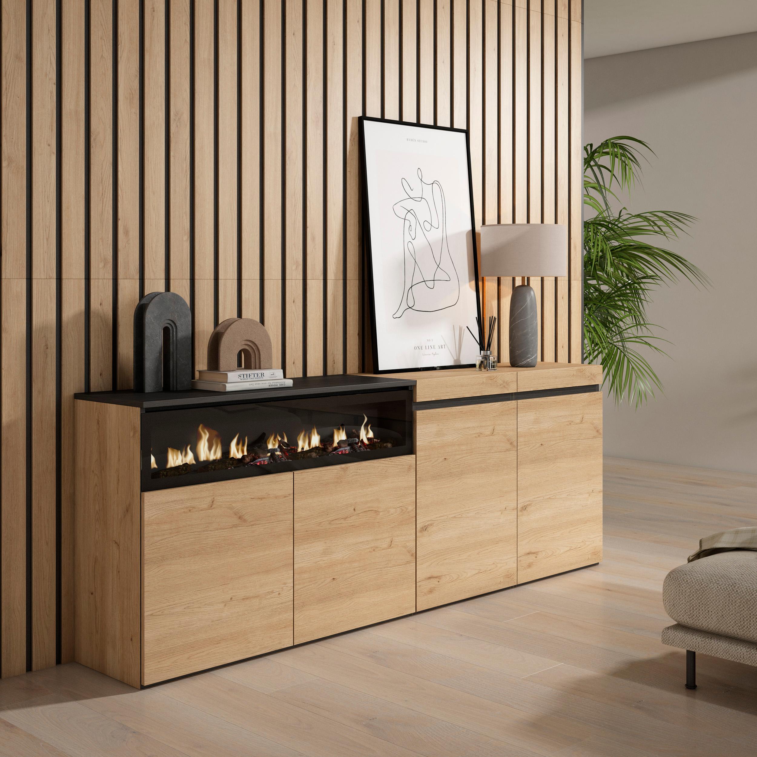 Credenza Mobile Cucina 200x75x35cmcon 4 Porte con Camino elettrico, Stile moderno, Rovere e nero