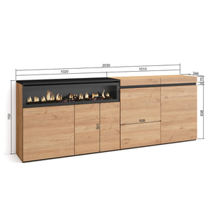 Credenza Mobile Cucina 200x75x35cmcon 4 Porte con Camino elettrico, Stile moderno, Rovere e nero