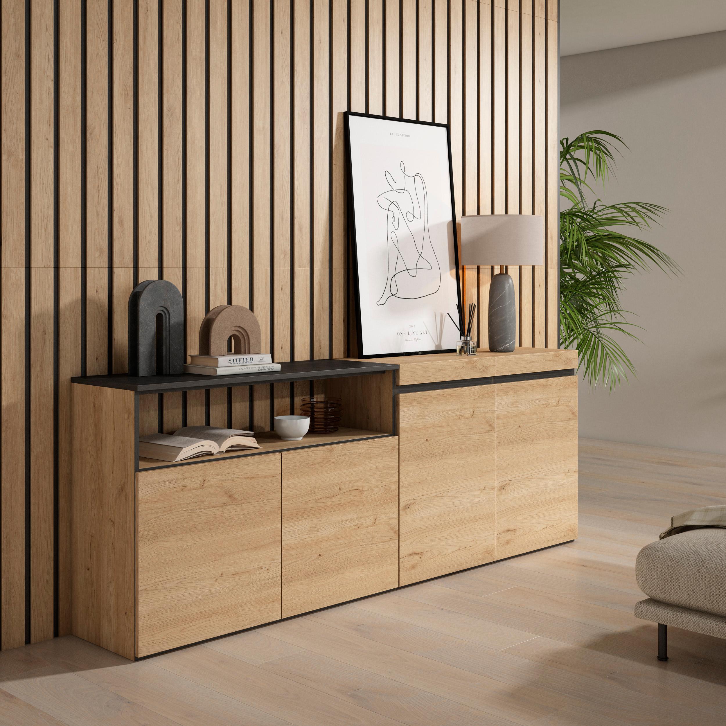 Credenza Mobile Cucina 200x75x35cm con con 4 Porte grande stoccaggio, Stile moderno colore Rovere e nero