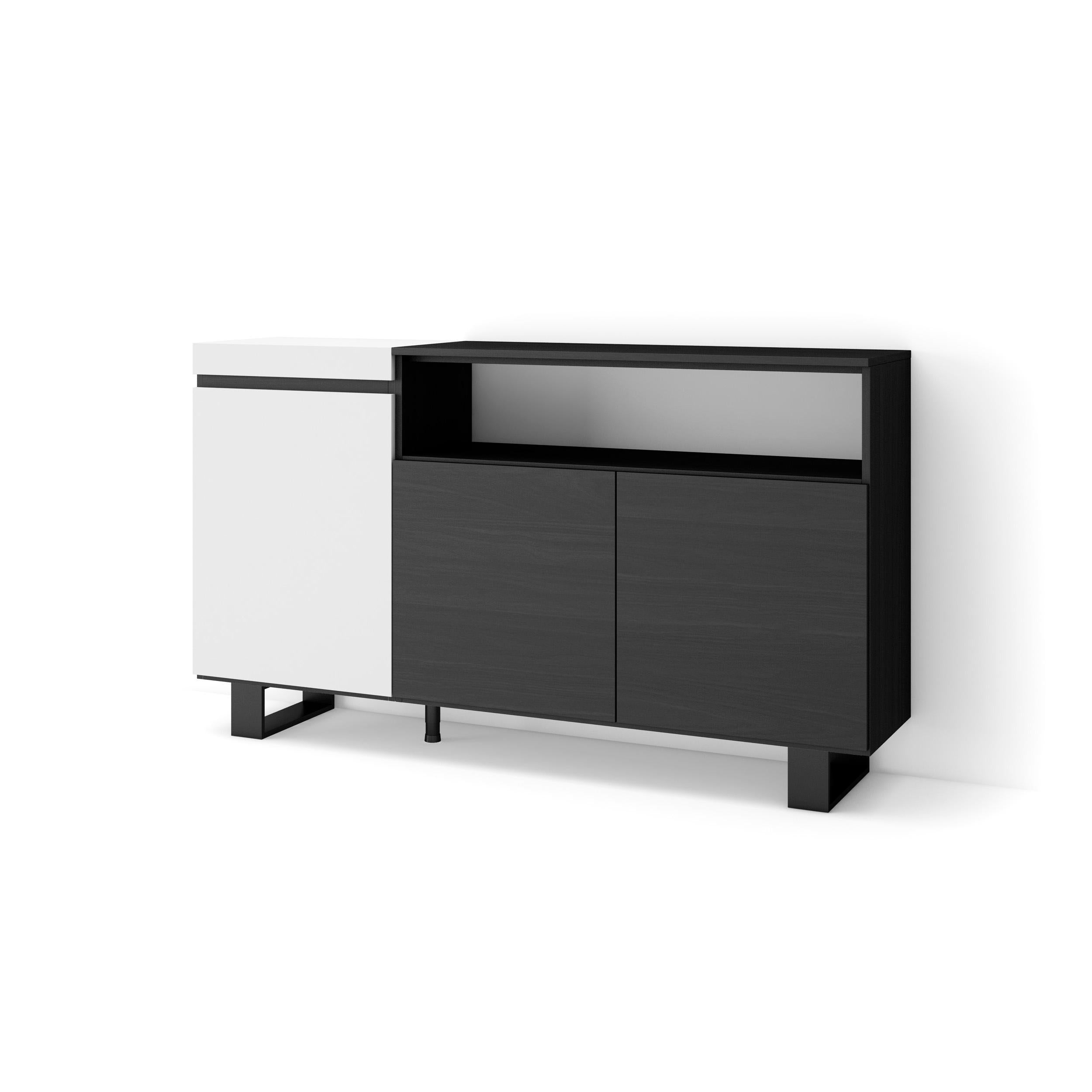 Credenza, Mobile soggiorno 150x87x35cm, 3 Porte, Design industriale, Stile moderno, Bianco e nero