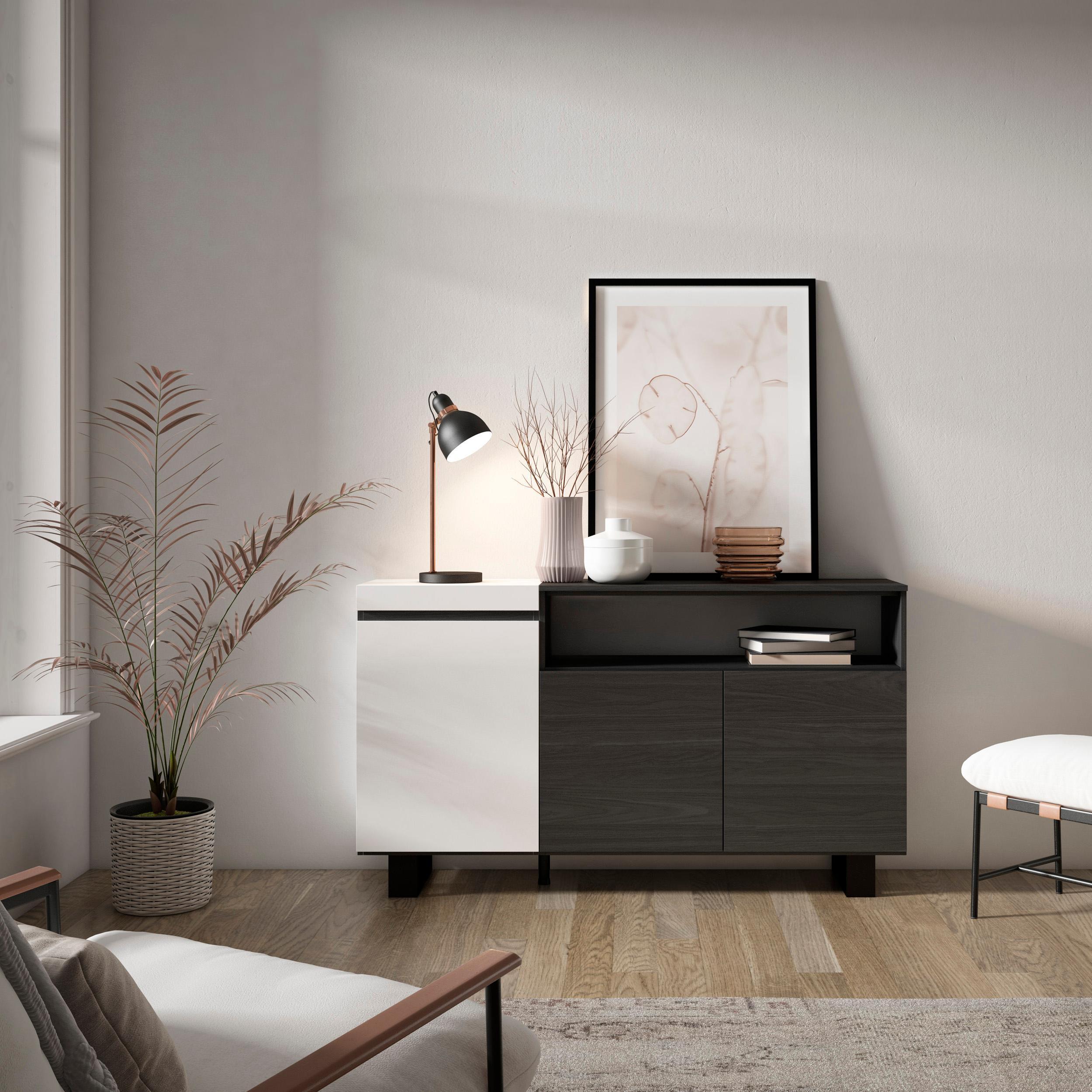 Credenza, Mobile soggiorno 150x87x35cm, 3 Porte, Design industriale, Stile moderno, Bianco e nero