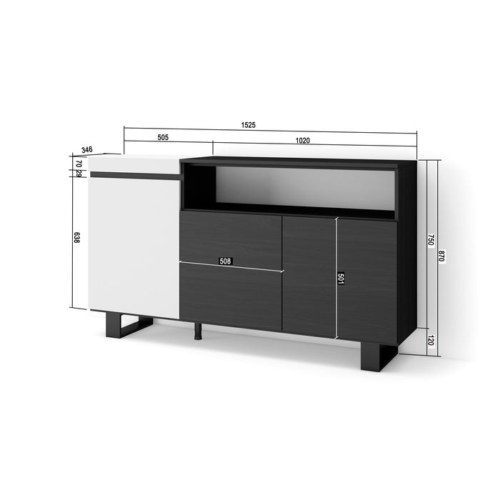 Credenza, Mobile soggiorno 150x87x35cm, 3 Porte, Design industriale, Stile moderno, Bianco e nero