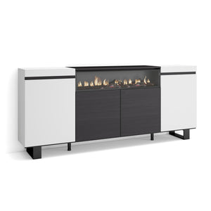 Credenza, Mobile soggiorno 200x87x35cm, 4 Porte, Camino elettrico, Design industriale, Stile moderno, Bianco e nero