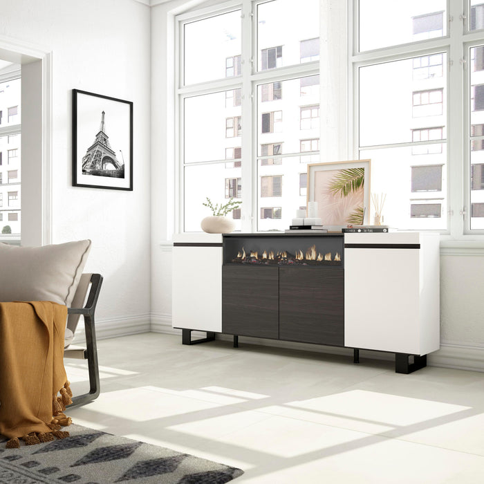 Credenza, Mobile soggiorno 200x87x35cm, 4 Porte, Camino elettrico, Design industriale, Stile moderno, Bianco e nero