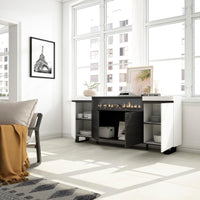 Credenza, Mobile soggiorno 200x87x35cm, 4 Porte, Camino elettrico, Design industriale, Stile moderno, Bianco e nero