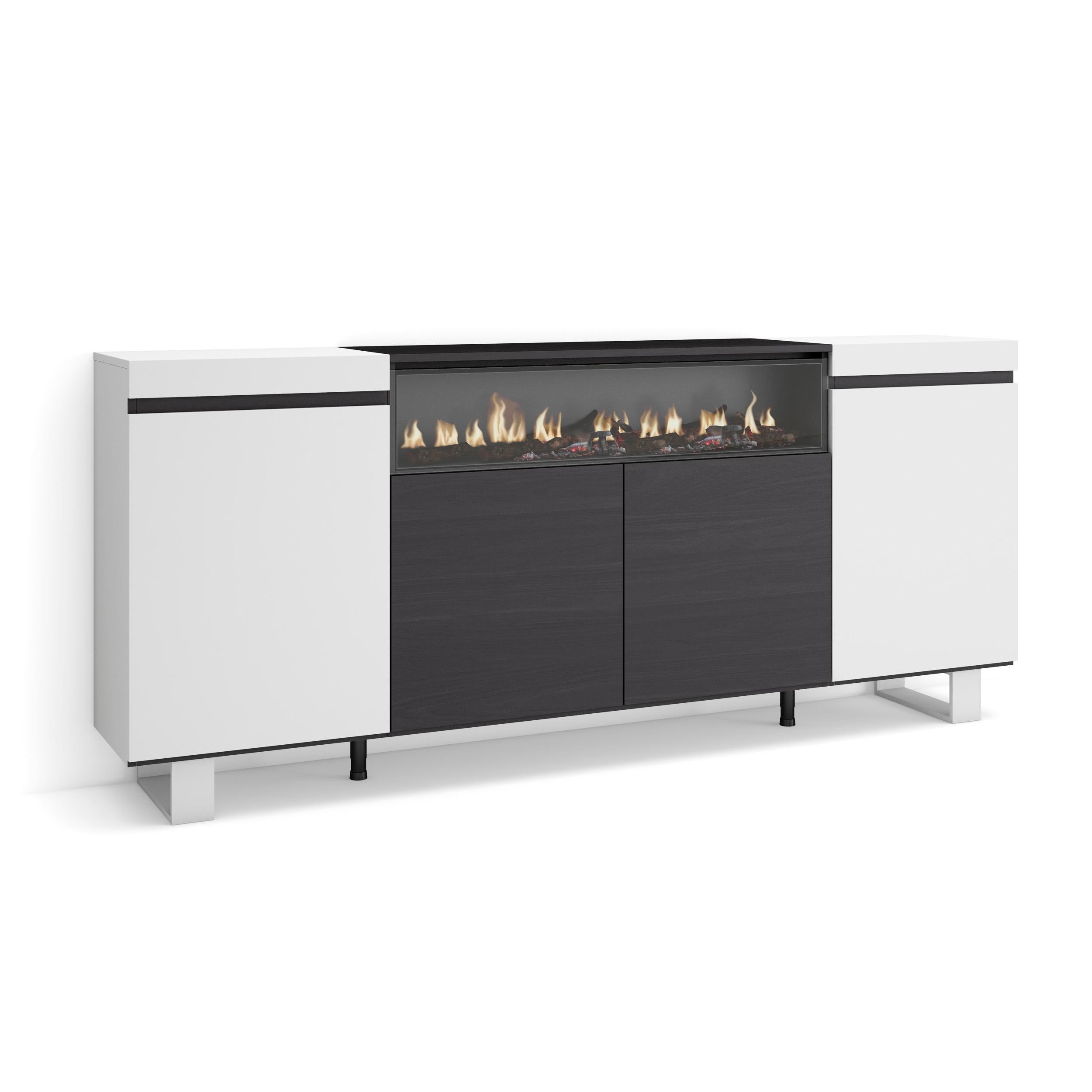 Credenza, Mobile soggiorno 200x87x35cm, 4 Porte, Camino elettrico, Stile moderno colore Bianco e nero