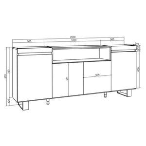 Credenza, Mobile soggiorno 200x87x35cm, 4 Porte, Camino elettrico, Stile moderno colore Bianco e nero