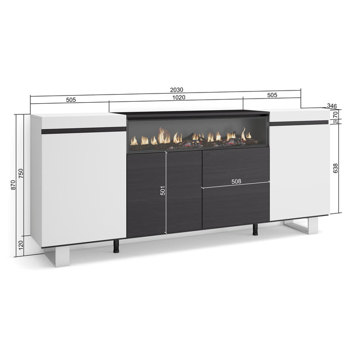 Credenza, Mobile soggiorno 200x87x35cm, 4 Porte, Camino elettrico, Stile moderno colore Bianco e nero